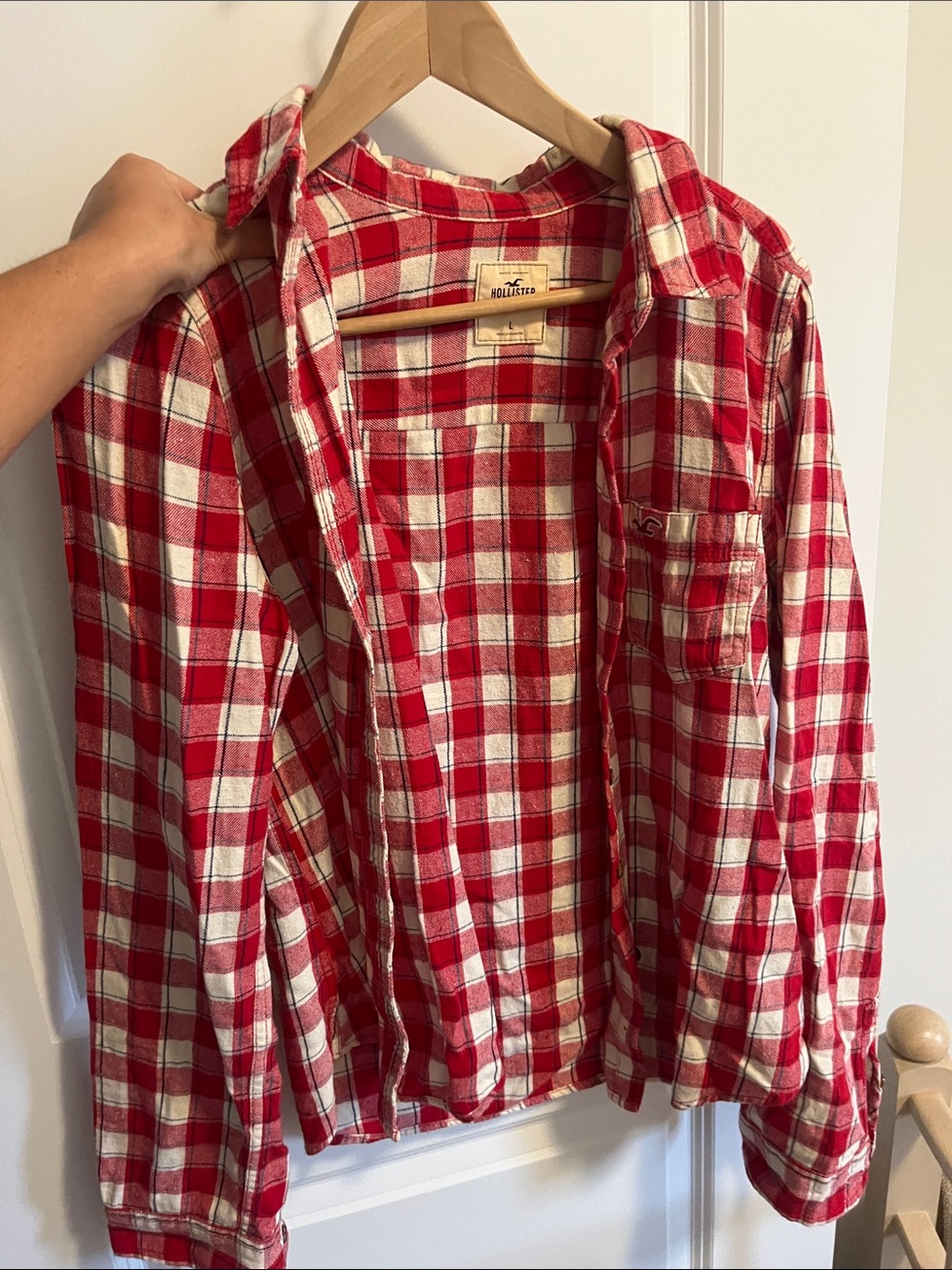 Hollister Red and White Plaid Long-Sleeve Button-Up Shirt